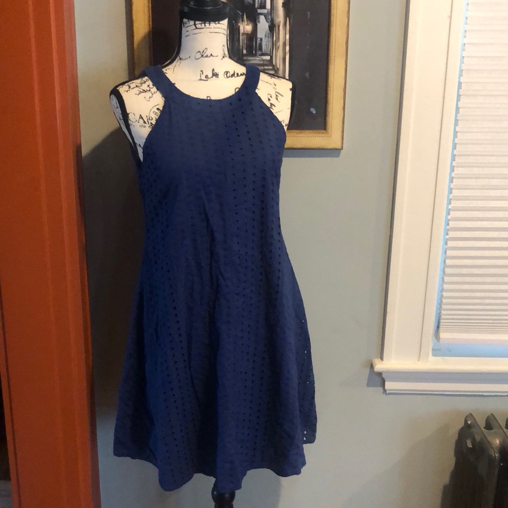 Miami Dark Blue Eyelet Cottagecore Swing Dress (S)